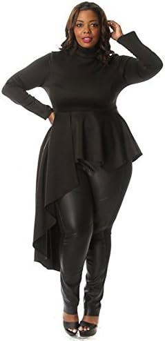 Plus Size Long Sleeve Mock Neck Side Cascade Peplum Top (1X, Black)