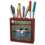 Birds - Family of Three Loons - Tile Pen Holders-5 inch tile pen holder