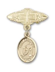 14K Gold Baby Badge with St. Sebastian/Soccer Charm and Badge Pin with Cross