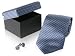 Blue and Silver Check 100% Silk Necktie Tie and Cufflinks in Gift Box