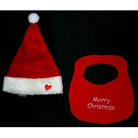 Red Plush Merry Christmas Baby Bib and Santa Hat #C3416
