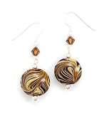 French Wire Earrings with Austrian Crystals and Glass Bead with Brown Swirl Design
