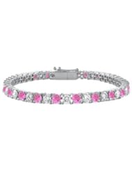 Created Pink Sapphire and Cubic Zirconia Prong Set 10K White Gold Tennis Bracelet 7.00 CT TGW
