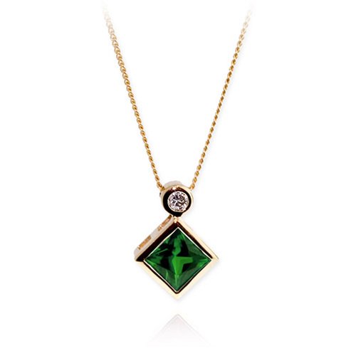14k Yellow Gold Created Emerald Princess Cut and Diamond Pendant, 17
