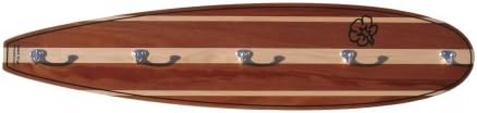 Woody with Stringers 5 Hook Surfboard Shaped Coat Rack, Dark Wood w/Light Stringers