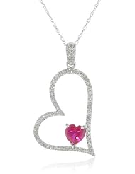10k White Gold Heart-Shaped Created Ruby with Diamonds Heart Pendant Necklace, 18"