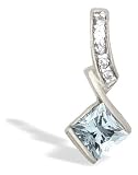 14K White Gold Genuine Square Aquamarine and Diamond Pendant
