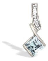 14K White Gold Genuine Square Aquamarine and Diamond Pendant