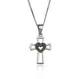 Sterling Silver Cross and Marcasite Heart Pendant, 18"