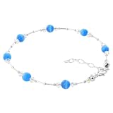Sterling Silver Dark Blue Cats Eye Bead Crystal Anklet 9 to10.5 inch Long Made with Swarovski Elements