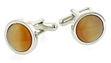 Classical round silver plated cufflink with an amber hued catseye accent with presentation box