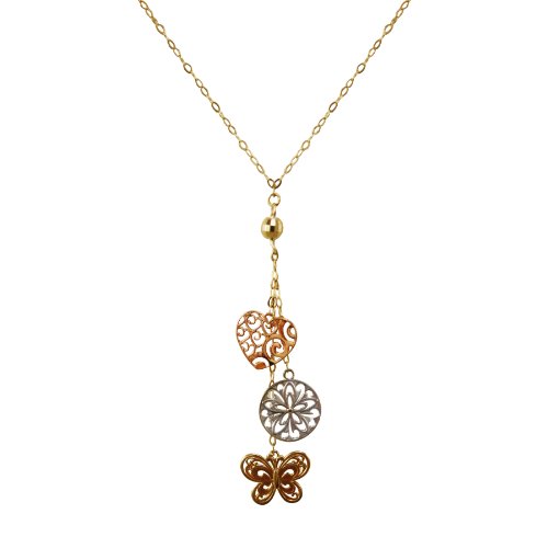 14k Tri-Color Heart Butterfly Disc Lariat Necklace, 17