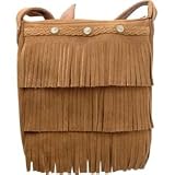 Minnetonka Women's Cross Body Fringe Bag Top Zip Handbag,Grey Suede