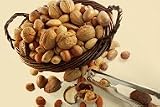 Beautiful Dark Walnut Basket Filled With In-Shell Mixed Nuts -- Almonds, Walnuts, Pecans, Hazelnuts -- Nutcracker Included (A Perfect Christmas Gift!)