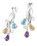 14K White Gold Hand-Crafted Designer Twist-Shaped Earrings, Enhanced with Prong Set Diamonds and Semi Precious Stones.(GH-Color, SI-Clarity, c.t.t.w. 0.14CT).