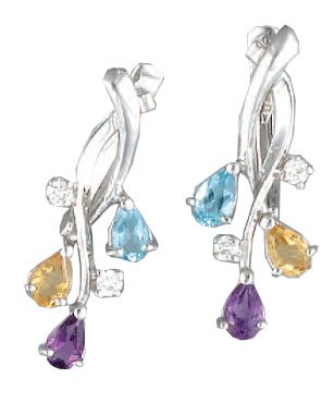 14K White Gold Hand-Crafted Designer Twist-Shaped Earrings, Enhanced with Prong Set Diamonds and Semi Precious Stones.(GH-Color, SI-Clarity, c.t.t.w. 0.14CT).