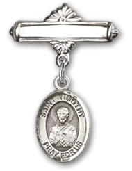 Sterling Silver Baby Badge with St. Timothy Charm and Polished Badge Pin