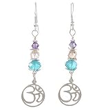 Round Om (Aum) Dangle Earrings in Sterling Silver with Blue and Purple Swarovski Austrian Crystal Beads #8028