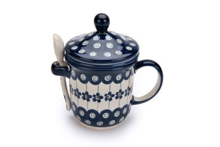 Polish Pottery Flowering Peacock Mug with Strainer & Spoon