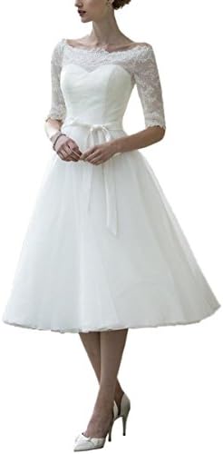 DreamMade Women's Off Shoulder Half Sleeve Tea Length Wedding Dresses White Bridal Gowns