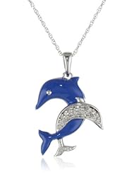 10k White Gold Blue Enamel with Diamonds Dolphins Pendant Necklace (0.05 cttw, I-J Color, I2-I3 Clarity), 18"