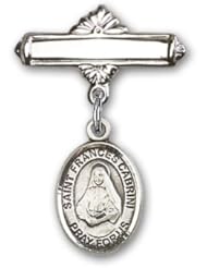Sterling Silver Baby Badge with St. Frances Cabrini Charm and Polished Badge Pin
