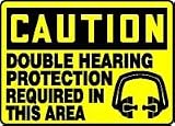 CAUTION DOUBLE HEARING PROTECTION REQUIRED IN THIS AREA (W/GRAPHIC) 10 x 14 Adhesive Vinyl Sign