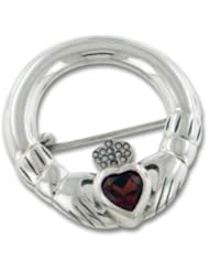Celtic Claddagh and Genuine Garnet Heart Sterling Silver Brooch Pin