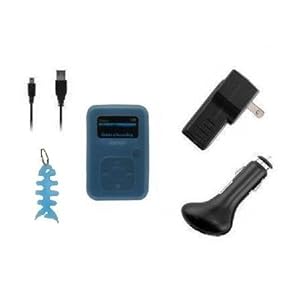 5 Items Accessory Combo Kit for Sandisk Sansa Clip Plus: Includes Blue Silicone Skin Case Cover, USB Home / Travel Charger, USB Car Charger, Straight USB Data cable and Light Blue Fishbone Style Keychain