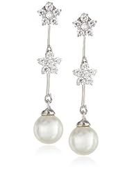 Sterling Silver Simulated Pearl with Cubic Zirconia Stars Linear Drop Post Earrings