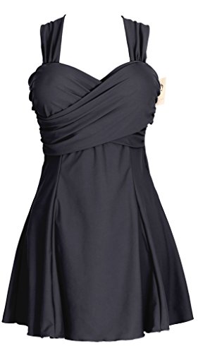 Women's Elegant Crossover One Piece Swimdress Skirted Bottom Swimsuit (FBA), US 18W-20W, pearl black, tag size 7XL