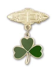 Gold Filled Baby Badge with Shamrock Charm and Badge Pin with Cross