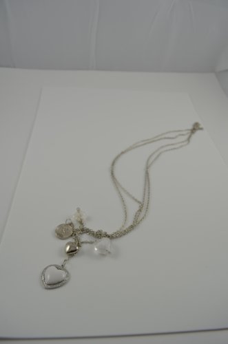 Necklace no clasp long double chain dangling hearts WHITE