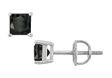 14K White Gold : Princess Cut Black Diamond Stud Earrings 1.50 CT. TW.