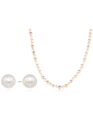 10k Yellow Gold Multi-Colored Freshwater Cultured Pearl Stud Earrings and Strand Necklace Jewelry Set