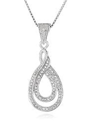 Sterling Silver Micro Pave Cubic Zirconia Rhodium Plated Tear-Drop Shape Chain Pendant Necklace, 18"