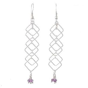 Geometric Square Dangle Earrings in Sterling Silver with Amethyst Gemstone Bead Cluster, #8029