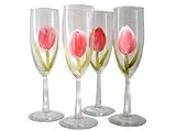 ArtisanStreet's Tulip Champagne Flutes. Set Of Four Glasses. Features Hand Painted Pink Tulips On Clear Glass. One Of A Kind & Signed By Artisan.