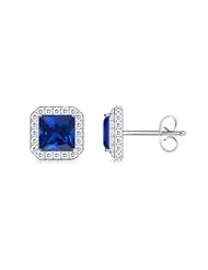 Square Sapphire and Round Diamond Border Earrings in White Gold