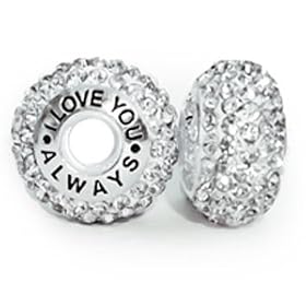 I Love You Always - Limited Edition - Solid Sterling Silver 925 White Crystals Swarovski Elements Screw Threaded Bead Charm - will fit most European Bracelets such as Pandora, Trollbeads, Biagi, Chamilia, Tedora, Amore and any similar 3mm bracelets