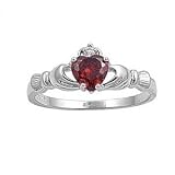 Sterling Silver Ring - Claddagh - Garnet Heart and Clear CZ - Prong Set - 10 mm x 5 mm, Sizes 4-9