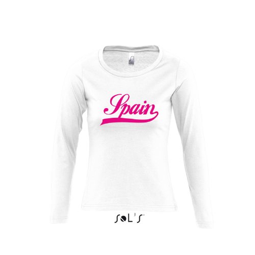Spanien Oldschool Spain LÄNDERSHIRT EM / WM FAN Trikot – Damen Langarm Longsleeve T-Shirt S-XL , White – pink , S