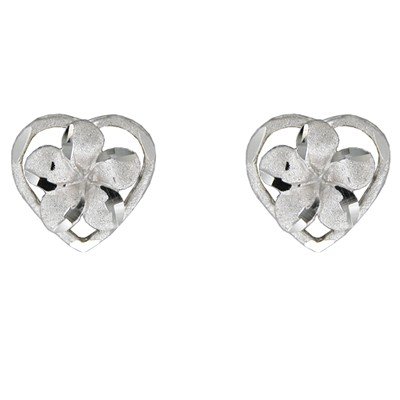 14K White Gold Hawaiian Plumeria Flower Heart Pierce Earrings