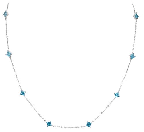 14k White Gold Princess-Cut Coated Blue Topaz Station Necklace