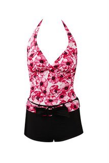 Womens Marina West Two Piece Red Floral Tankini with Black Boyshorts Swimsuit