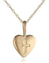 14k Yellow Gold Childrens Petite Heart Pendant Necklace with Embossed Cross Necklace, 13"