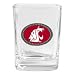 Square shot with metal applique featuring a photo-domed logo. Shot is approx 2 3/8IN tall. Applique is approx 1 inch across.