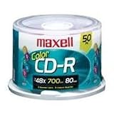 Maxell Cd-R Discs, 700Mb/80Min, 48X, Spindle, Assorted Colors, 50/Pack