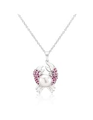 Alexander James White Gold Rhodium Bonded Pearl Crab Pendant with Freshwater Pearl and Clear and Ruby Cubic Zirconia in a Pave Setting with 18 inch Chain in Silvertone