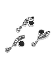 Sterling Silver Onyx Irregular Fancy Marcasite Earring Pendant Set